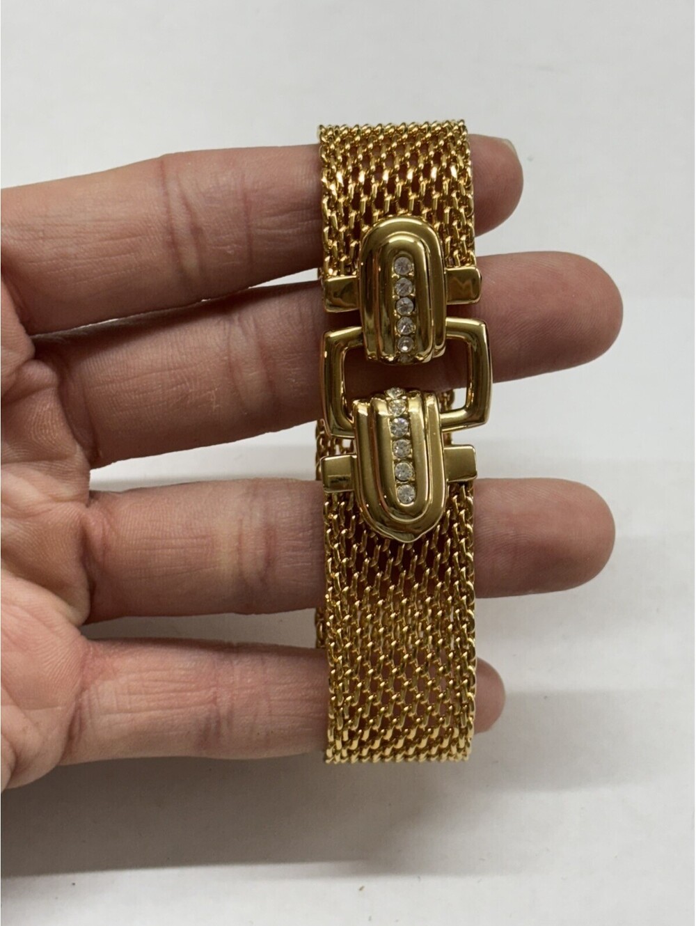 SIGNED JOAN RIVERS GOLDTONE MESH with CRYSTAL SNAP BUCKLE CLASP BRACELET